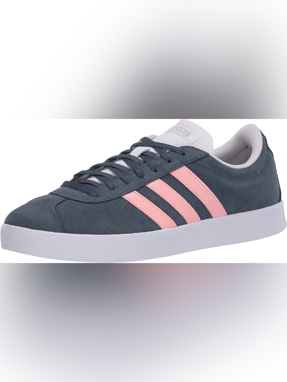 adidas VL Court 2.0 Women's Suede Sneaker in Grey Blue with Pink Stripes